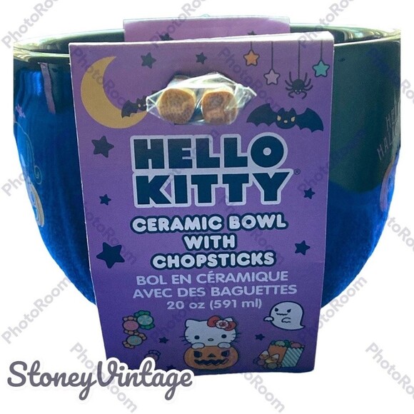 Hello Kitty Halloween Ceramic 20oz Bowl With Chopsticks Set of 2 Halloween Print - Picture 6 of 11